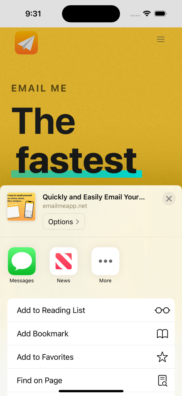 Icono de Email Me App visible en la lista de apps de la hoja de compartir de iOS con el botón Más resaltado para acceder a opciones adicionales de compartir