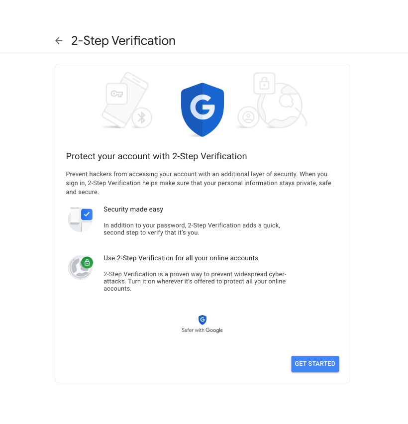 Pantalla de configuración de Verificación en 2 pasos de Google requerida para crear Contraseñas de aplicación para conectar Email Me con Gmail de forma segura