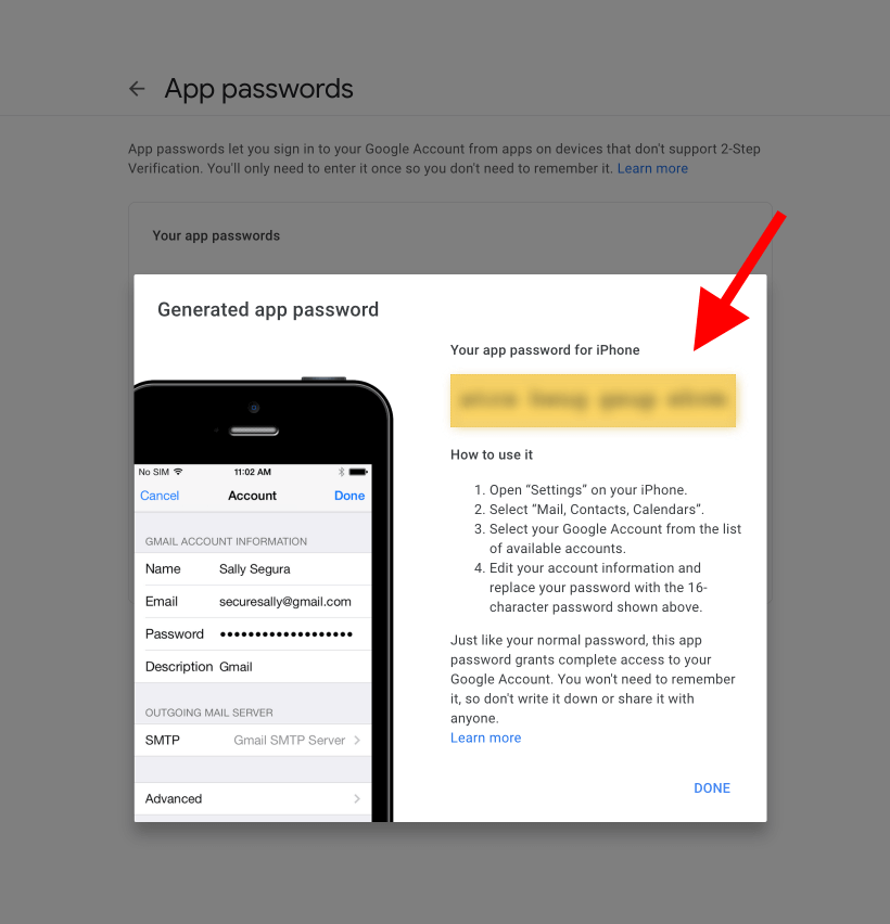 Pantalla de visualización de Contraseña de Aplicación de Gmail generada con botón de copiar para añadir a la configuración de Email Me App