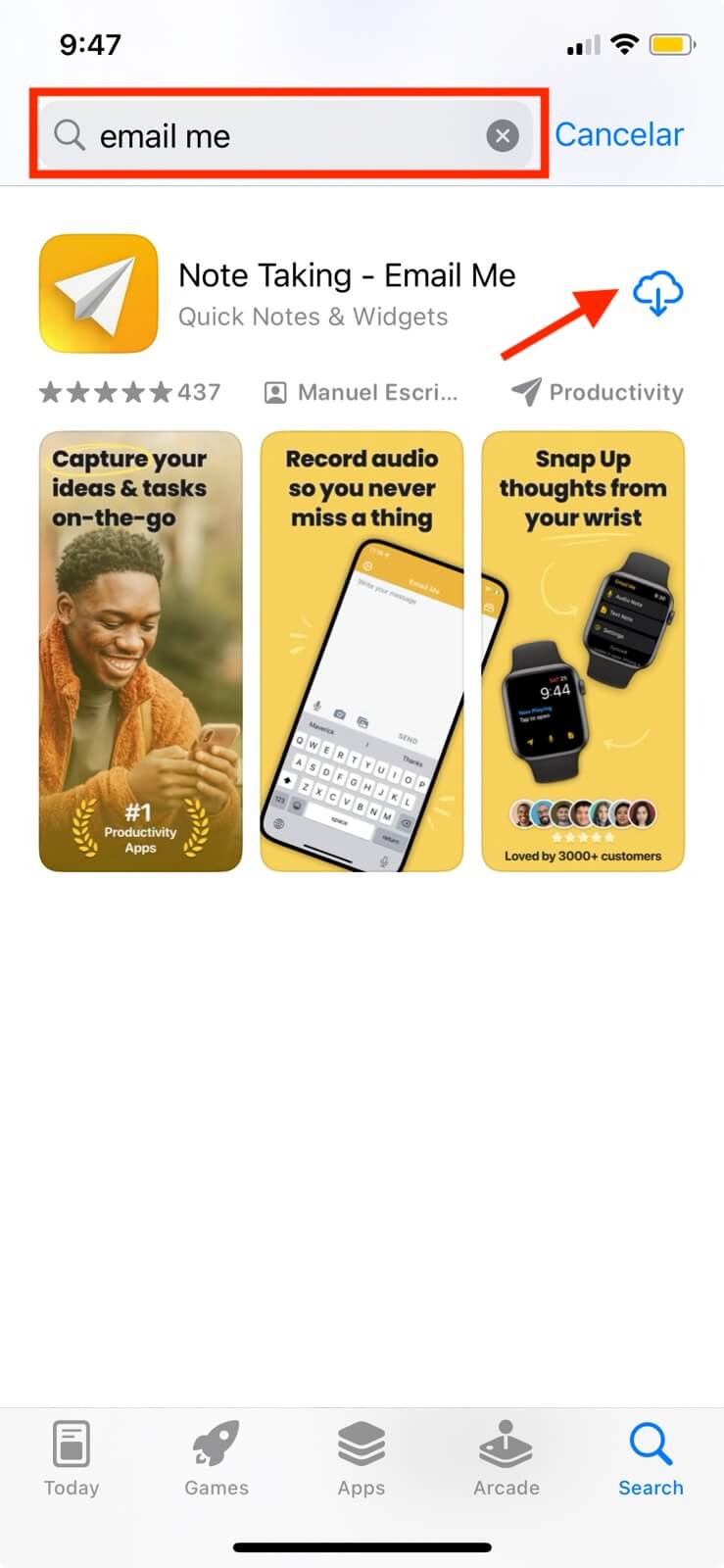Página de descarga de App Store para Email Me mostrando el botón de instalación y calificaciones de la app para grabación de notas de voz en iPhone
