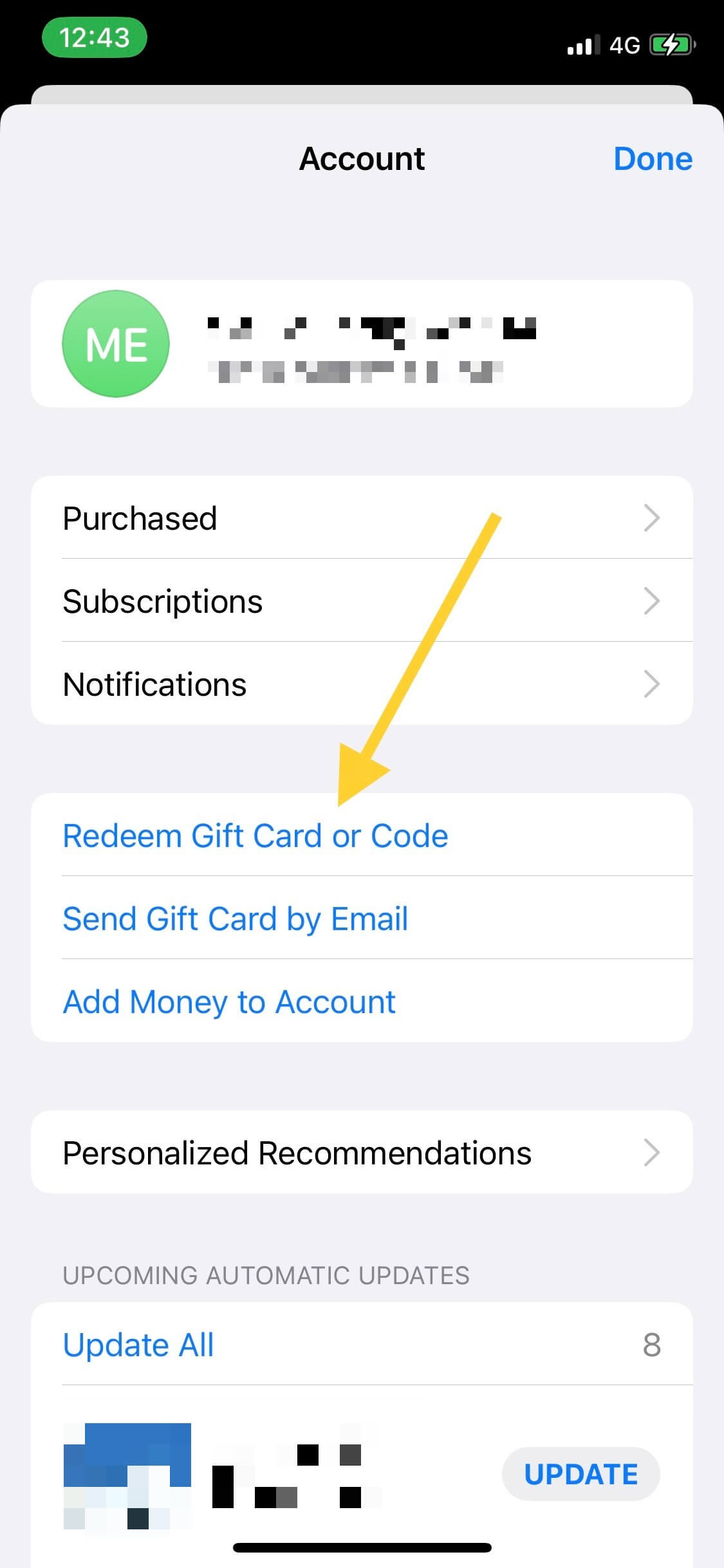 App Store Kontoseite zeigt Option "Geschenkkarte oder Code einlösen" im Menü zur Eingabe von iOS Promo-Codes